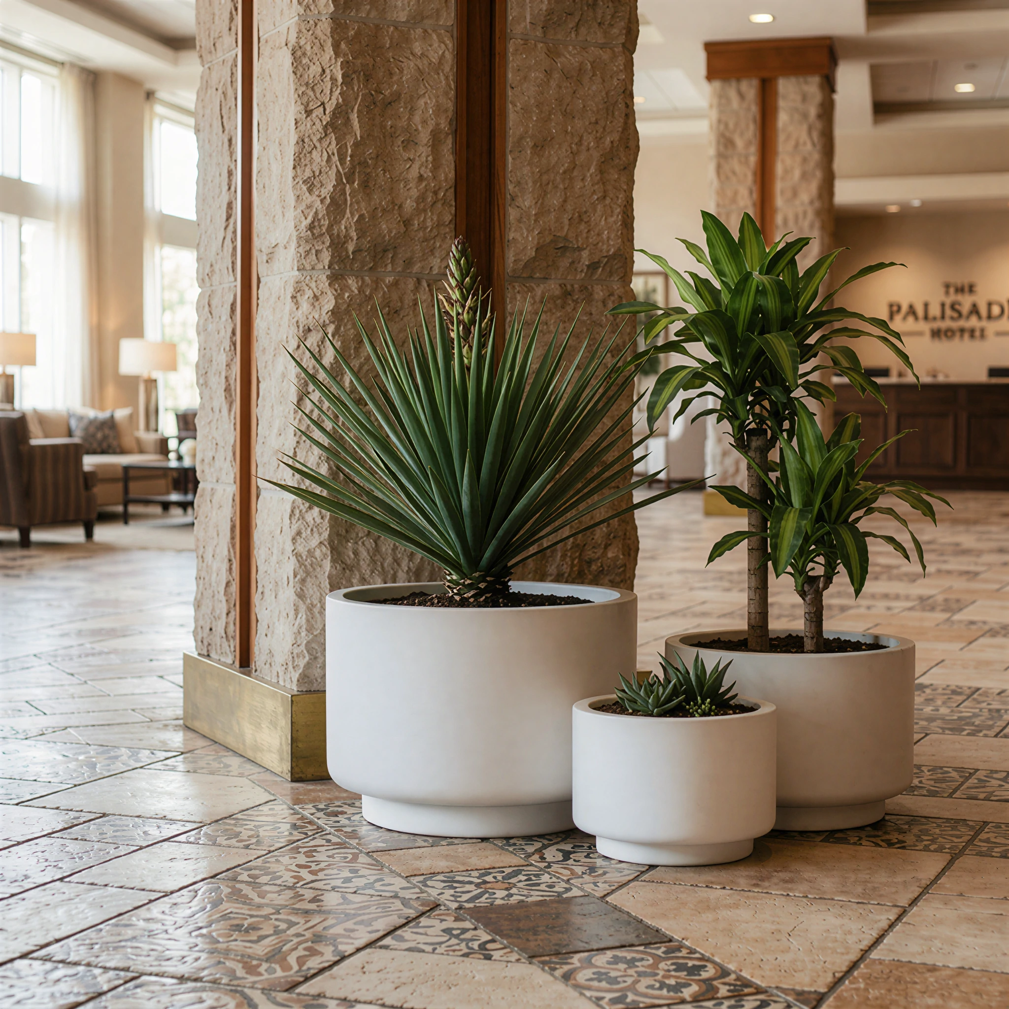 Three white RC-1019 round GFRC planters in graduated sizes arranged in a hotel lobby